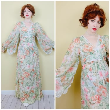 1970s Vintage Seafoam and Cream Floral Poet Sleeve Dress / 70s Magical Nylon Romantic Prairie Gown / Size Small - Medium 