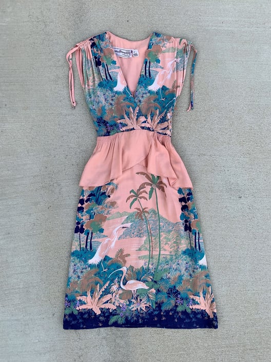 Vintage 70’s Young Edwardian by Arpeja Tropical Floral Salmon Pink Crane Dress 