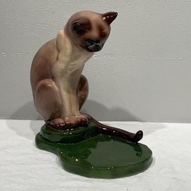 Marston California pottery siamese cat looking into fish bowl pedestal, Terrarium Holder, fish bowl stand, mcm art decor figurine statue 