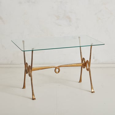 Glass + Patinated Brass Coffee Table with Loop Details, Italy 1960s