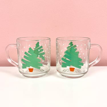 Pair of 80s Christmas Tree Glass Mugs 