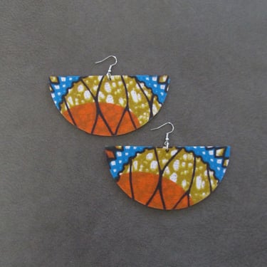 Oversized Ankara print fabric and wooden earrings, semicircle, orange 