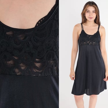 Y2K Black Sheer Lace Slip Dress Lingerie Nightgown Mini Dress Vintage 00s Spaghetti Strap Sleep Sexy Plain Minidress Large L 