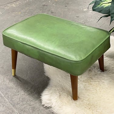 Vintage Ottoman Retro 1960s Mid Century Modern + Green + Vinyl + Rectangular + Brown Wood + MCM Legs + Seating + Footstool + Furniture 