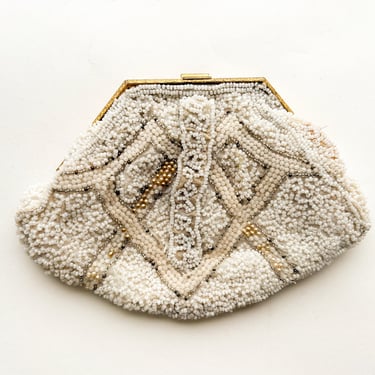 1930s White Beaded Clutch | 30s Seed Bead & Pearl Small Evening Bag 