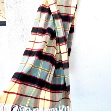 Vintage 60s Mod Cashmere Scarf Scotland 1960s Plaid Fringe Scarf Blue White Black Wool Wrap 