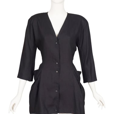 Anne-Marie Beretta 1980s Vintage Black Linen Snap-Up Hourglass Jacket Sz M 