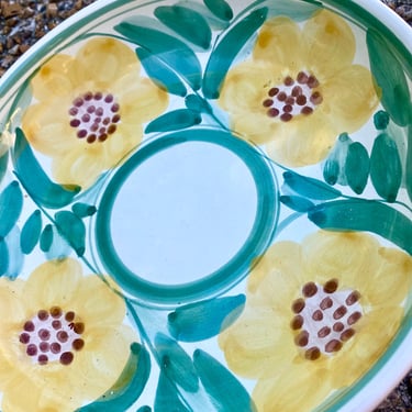 Italian Serving Bowl~ 7” Hand Painted Wall Plate~ Vintage Italian Kitchen Decor~ Bold Yellow Flowers, Ceramic Clay Dish 