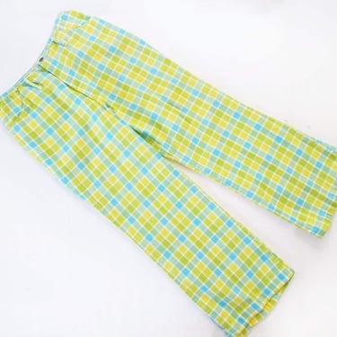 Vintage 60s Womens Plaid Pants 27 S - 1960s Bright Green Yellow Preppy High Waist Flared Capri Crop Pants 
