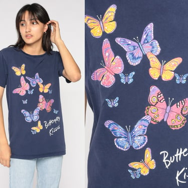 Butterfly Kisses Shirt 90s Butterflies Graphic Tee Retro Girly Cute T-Shirt Granola Kawaii Nature Wildlife TShirt Blue Vintage 1990s Small S 