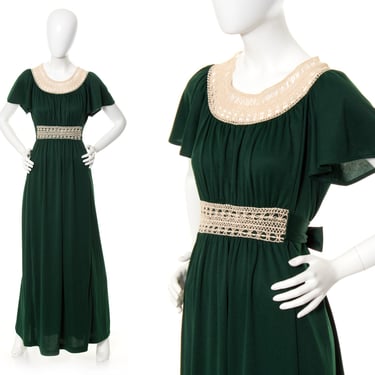 Vintage 1970s Maxi Dress | 70s Forest Green Jersey Flutter Sleeve Crochet Tie Waist Fit Flare Ethereal Witchy Boho Gown (x-small to large) 