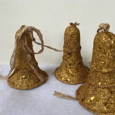 Vintage Gold Bells, Paper Mache And Gold Glitter, Christmas, Wedding Decor, Set Of 3, Wedding Bells 