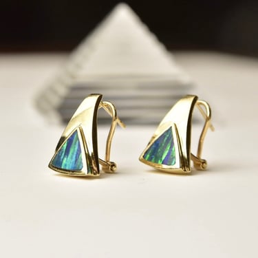 Vintage Modernist 14K Gold Opal Leverback Stud Earrings, Vibrant Blue & Green Opal, Triangular Yellow Gold Setting, 585 Statement Earrings 
