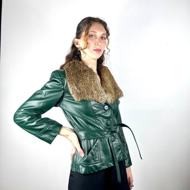 Vintage 1970s Green Leather Brown Fur Collar / Sexy Slim Fit / Trench Coat Jacket 1970s Womens Clothing XS Disco Wide BRown Fur Collar 