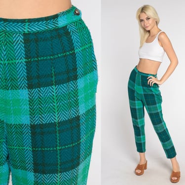60s Plaid Trousers Green Blue Tartan Tapered Ankle Pants Checkered High Waisted Rise Mod Preppy Retro Trousers Golf Vintage 1960s Small 26 