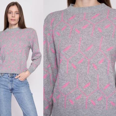 80s Teasers Abstract Knit Sweater - Medium | Vintage Grey & Pink Geometric Pattern Girly Pullover 