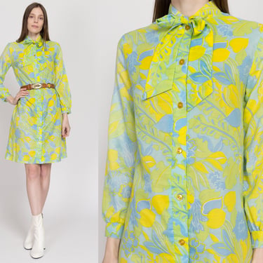 Medium 60s Green Floral Ascot Shirtdress | Vintage Button Front Long Sleeve Boho Mini Shift Dress 