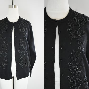 80s-does-50s Black Beaded Cardigan Sweater 