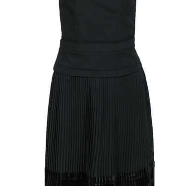 Carven - Black Strapless Sheath Dress w/ Pleated Skirt &amp; Velvet Trim Sz 4