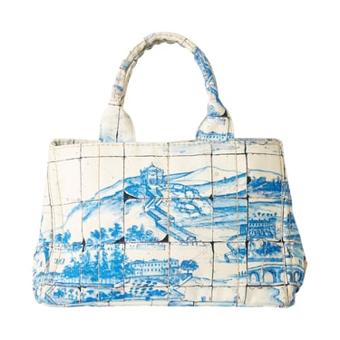 Prada Blue + White Canvas Mosaic Canapa Bag