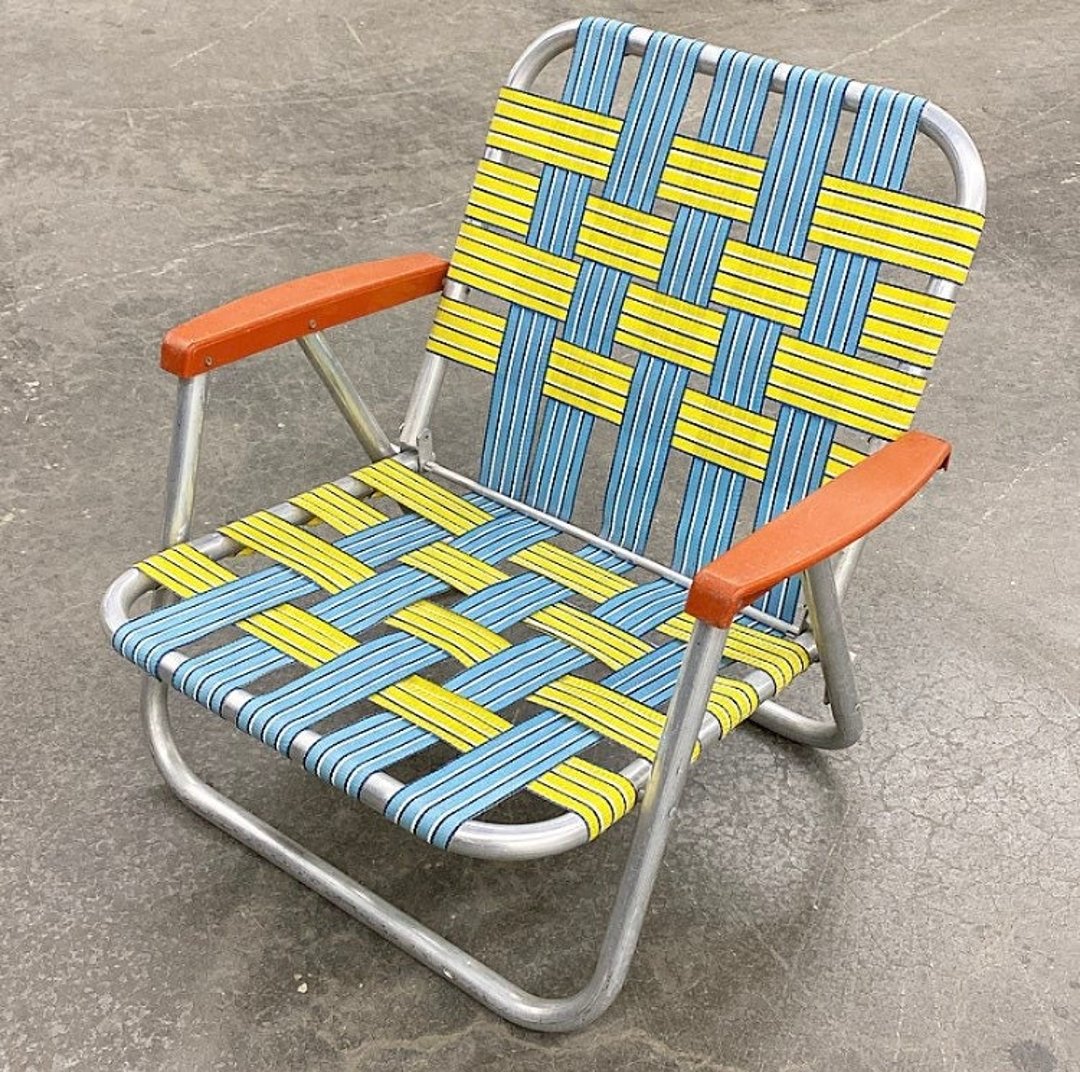 2 Vintage Yellow White Green Orange Webbed hotsell Chairs aluminum