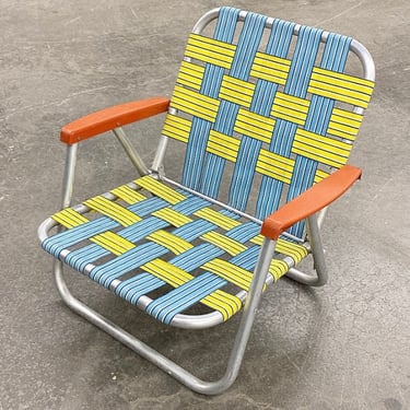 Vintage Beach Chair Retro 1980s Silver Aluminum Frame + Blue + Yellow + Orange + Webbed Straps + Folds Up + Outdoor Lawn or Patio Furniture 