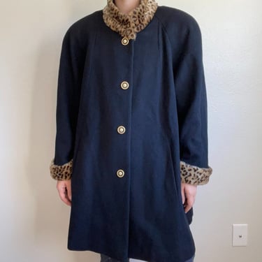 Vintage 80s Womens Leslie Fay Wool Black Mid Length Coat Faux Leopard Collar XL 