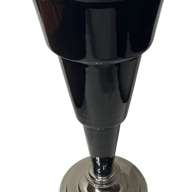 Art Deco Large Black Glass Vase with Chrome Base