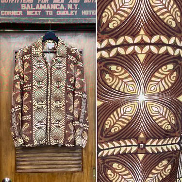 Vintage 1950’s Atomic Pineapple Silk Long Sleeve Loop Collar Hawaiian Shirt, 1950’s Shirt 