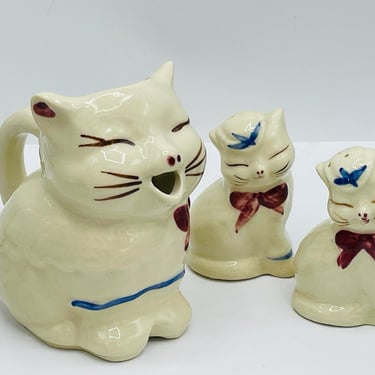 Vintage Puss n Boots Creamer and Salt Pepper Shakers Shawnee Pottery USA 3 Piece- Chip Free 