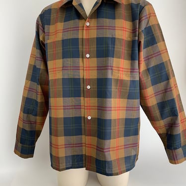 1950's-60's Shadow Plaid - McGREGOR Label - Poly/Cotton Blend - Rust, Brown & Blue Ombre Plaid - Loop Collar - Men's Large - NOS DEADSTOCK 