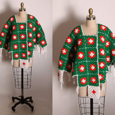1970s Hand Knit Red, Green and White Christmas Crochet Shawl Poncho Wrap 