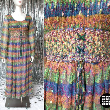 MAGICAL RARE Vintage 70s Boho Beaded Rainbow Dress with Rhinestones & Sequins by Valentina 
