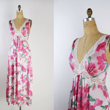 70s Olga Style Floral Slip Dress / Vintage Nightgown / Wedding Lingerie / Size M/L 