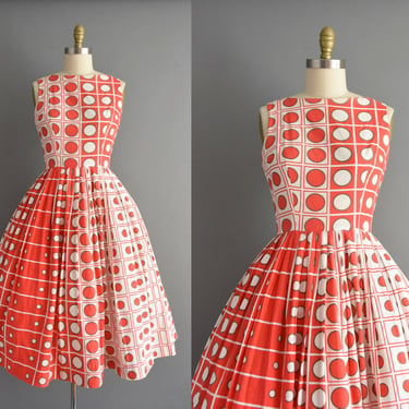 1950s dress | Saba Red & White Circle Print Full Skirt Shirtwaist Cotton Dress | Small Medium | 50s vintage dress 