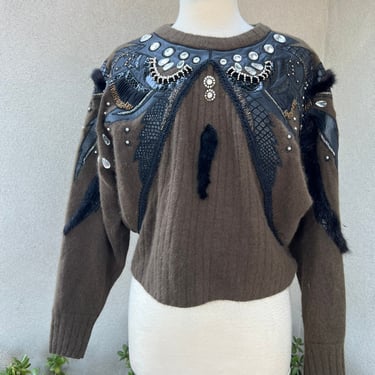 Vintage 80s EREZ glam embellished brown lambs wool pullover sweater Small 