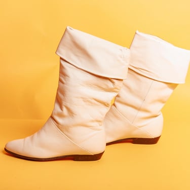 80s Off White Beige Slouchy Leather Boot Vintage Fold Over Pirate Boots 