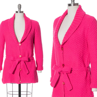Vintage 1970s Sweater Coat | 70s Hot Pink Knit Acrylic Belted Cozy Jacket (small/medium) 