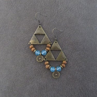 Antique bronze triangle earrings, blue agate 