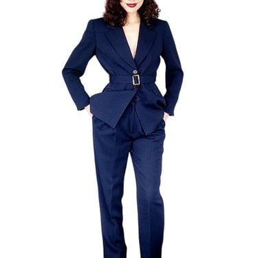 Vintage 90s Navy Blue Pant Suit w/Belted Blazer Kasper /S 