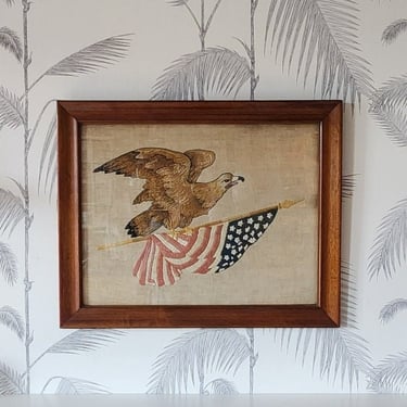 Vintage American Sampler, Bald Eagle, Flag, Stars and Stripes, Embroidered, Linen, Original Frame 