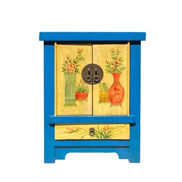 Chinese Rustic Bright Blue Yellow Graphic End Table Nightstand cs7355E 