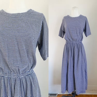 Vintage 1980s Navy & White Striped Jersey Dress / M 