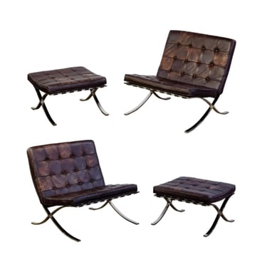 Four Barcelona Chrome and Leather Chairs and Ottomans by Mies van der Rohe