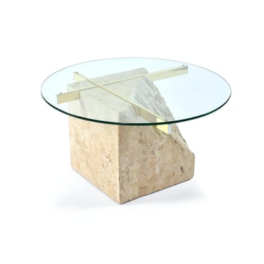 Post Modern Tessellated Stone Round Glass Topped Brass Cantilever Coffee Table 