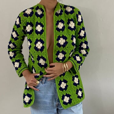 70s handknit crochet cardigan sweater / vintage lime green wool multicolored handknit granny square crochet cardigan duster sweater | S M 