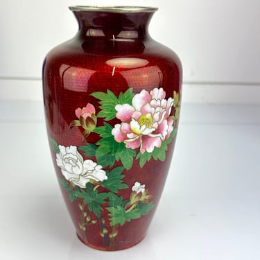 Vintage Japanese Red Pigeon Blood Cloisonne Enamel Vase Floral Peony Bird 7.25
