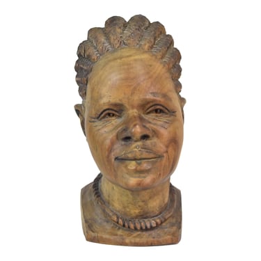 Vintage Hand Carved Ebony Wood Sculpture Bust of African Woman signed 