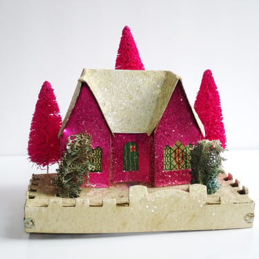 1950s Hot Pink Foil Putz House, Large Cardboard Christmas Village House, Magenta Foil Decor 
