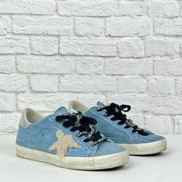Super-Star Low Top Sneaker W/ Shearling Detail, Size 7, Blue/Cream
